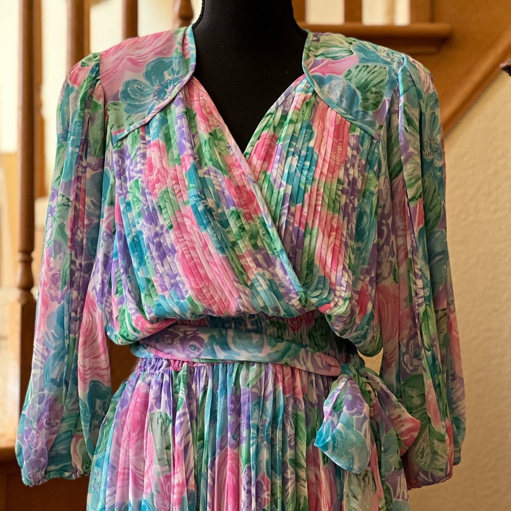 Vintage 80’s Diane Freis Sz 6 Floral Georgette Pink Purple Blue Tea Length Dress - Picture 2 of 10